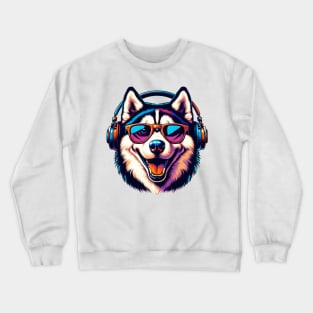 Siberian Husky Smiling DJ with Headphones and Sunglasses Crewneck Sweatshirt